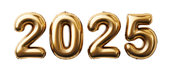Happy New Year 2025 with gold balloons isolated on transparent background. PNG file, cut out