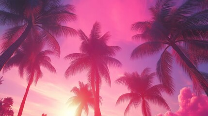 Palm trees silhouetted against a vibrant pink sunset.