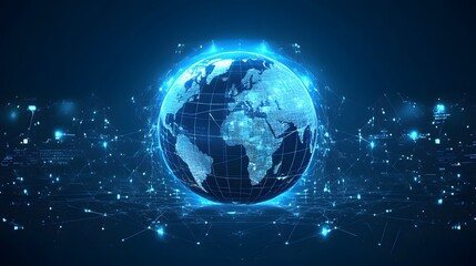 Fototapeta premium Global Network Connection Blue Earth Globe with Lines and Dots
