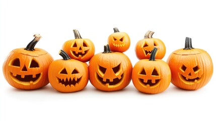 Spooky pumpkins with carved faces on white background