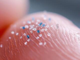 Fototapeta premium Macro shot of glitter grains on a human finger.