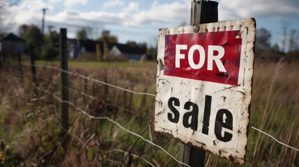 Rusty "For Sale" sign on a fence in a rural setting.