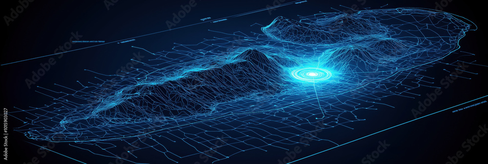 Poster digital earthquake prediction map showcasing terrain and seismic data