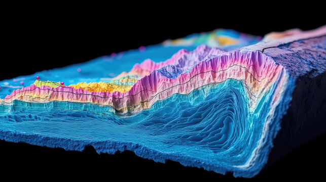 colorful geological model showcasing layered earth structures and seismic data