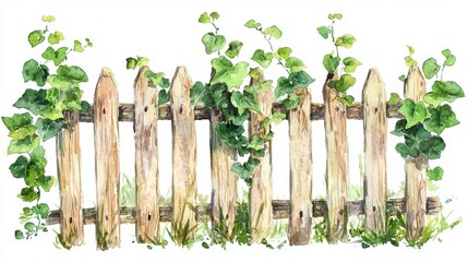 Obraz premium A charming watercolor illustration of a rustic wooden fence adorned with vibrant green vines and lush grass.