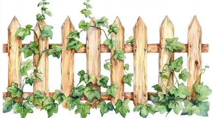 A charming wooden fence covered in lush green ivy, perfect for garden themes and nature-inspired designs.
