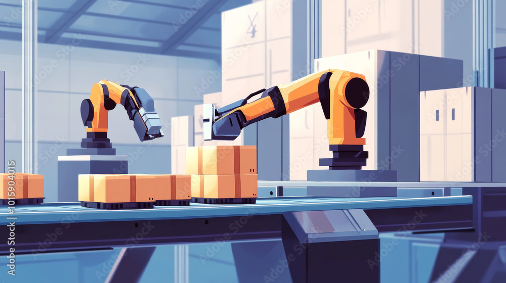 Poster a set of simple illustrations showing robotic arms loading items onto a conveyor belt.