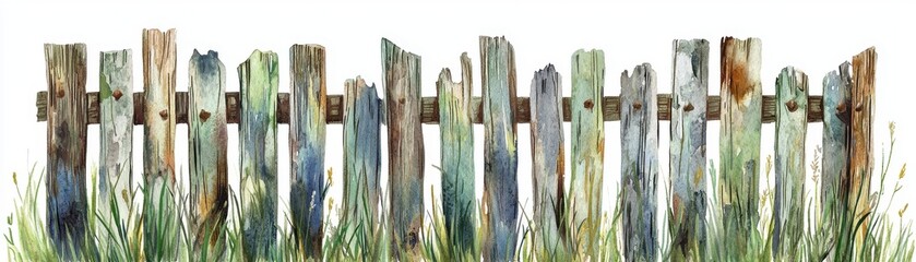 A rustic wooden fence weathered by time, surrounded by lush grass, perfect for illustrating a serene countryside scene.