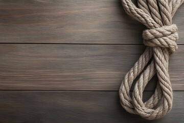 Fototapeta premium Close-up of a coiled rope on a wooden surface, showcasing texture and detail.