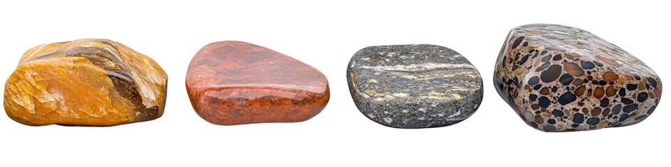 Collection of various natural stones on a white isolated background, showcasing unique textures and colors. transparent background