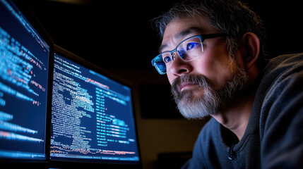 Focused scientist analyzing data in high tech lab environment