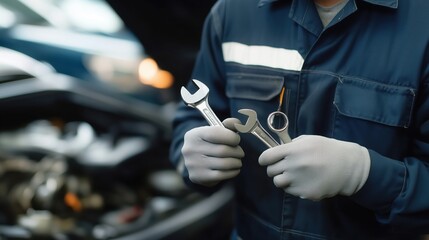 Mechanic Holding Wrenches in Automotive Workshop. A mechanic in a blue uniform holds various wrenches, ready for vehicle repair. The image highlights tools essential in the automotive industry.