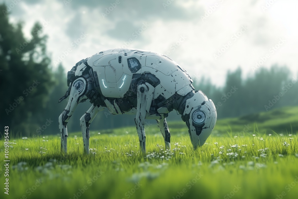 Poster Futuristic Robotic Sheep Grazing in a Meadow, Blending Technology with Nature in a Conceptual Science Fiction Scene with AI and Robotics Theme 