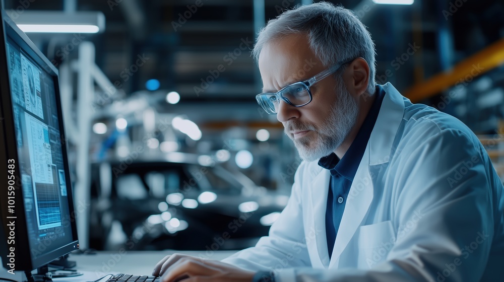 Poster engineer analyzes data on a computer in a modern automotive industry workspace. this image captures 