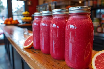 Four mason jars filled with bright pink juice, lined up on a wooden counter with a grapefruit slice in front.