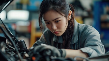 Young female mechanic diligently repairs an automotive engine in a workshop setting. Her focused expression showcases the skill and dedication required in the automotive industry.