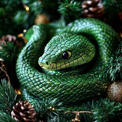 Fototapeta premium Festive Serpent. Vibrant green snake curled among shimmering Christmas decorations, creating a striking contrast with warm holiday lights.
