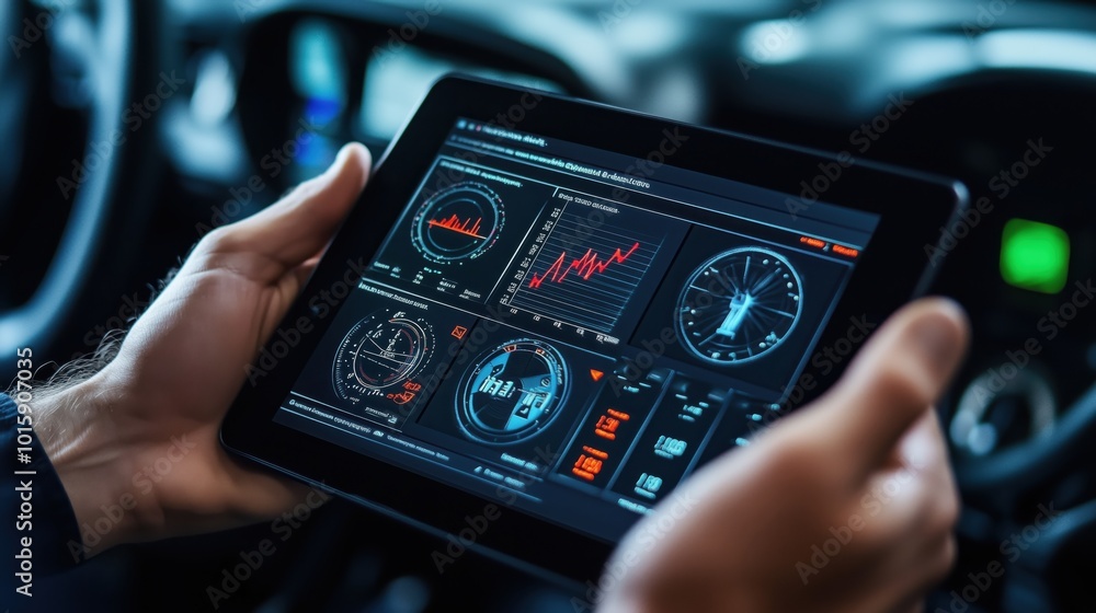 Poster person holds a tablet showcasing a digital dashboard for automotive controls, featuring various perf
