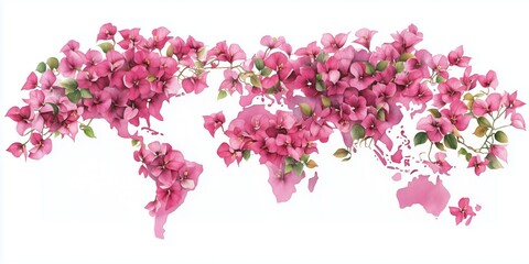 Fototapeta premium Ecofriendly silhouette world map, earth flat view made of lush green leaves, pink red flowers hanging gracefully, and twisting vines sustainable concept set against a banner background. Generative AI