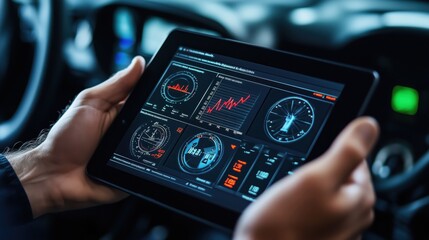 Person holds a tablet showcasing a digital dashboard for automotive controls, featuring various performance indicators and data analytics essential for vehicle monitoring and management.