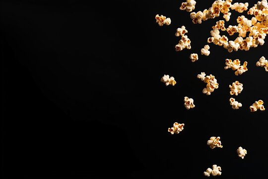 Popcorn frame, flying popcorn isolated on black background with copy space, movie poster concept 