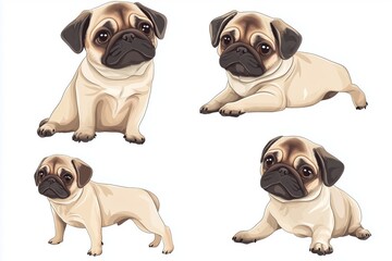 Fototapeta premium Pug dog collection (portrait, sitting, standing), animal bundle isolated on a white background 