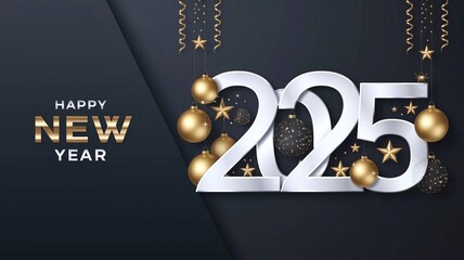 Elegant 2025 Happy New Year Design with Gold Ornaments and Black Background