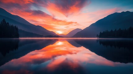 Fototapeta premium Sunset wallpaper showing beautiful, colorful sunset over a lake with mountains in the background