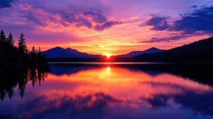 Naklejka premium Sunset wallpaper showing beautiful, colorful sunset over a lake with mountains in the background