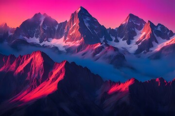Obraz premium Dark mountain peaks with a background of vibrant pinks and oranges fading into blue, Ai Generated