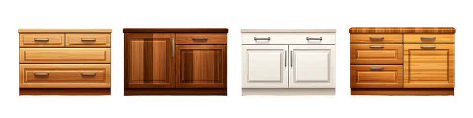 Various wooden cabinets on a white isolated background. transparent background