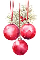 Watercolor illustration Christmas decor with red balls