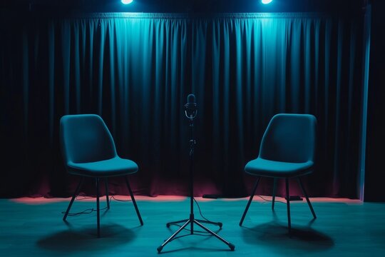 two chairs and microphones in podcast or interview room 