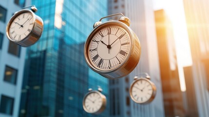 Suspended clocks over modern skyscrapers, symbolizing time management and productivity