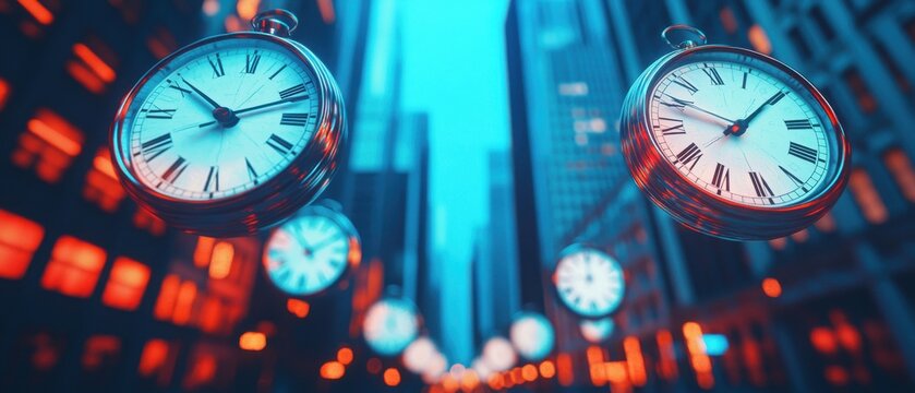 Urban scene with clocks hanging between buildings illuminated in vibrant colors. - Powered by Adobe