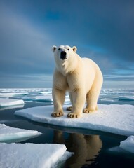 Polar bear on the blue ice. Bear on drifting ice with snow, white animals in nature habitat. At the poles with ice floes that are starting to melt due to global warming.