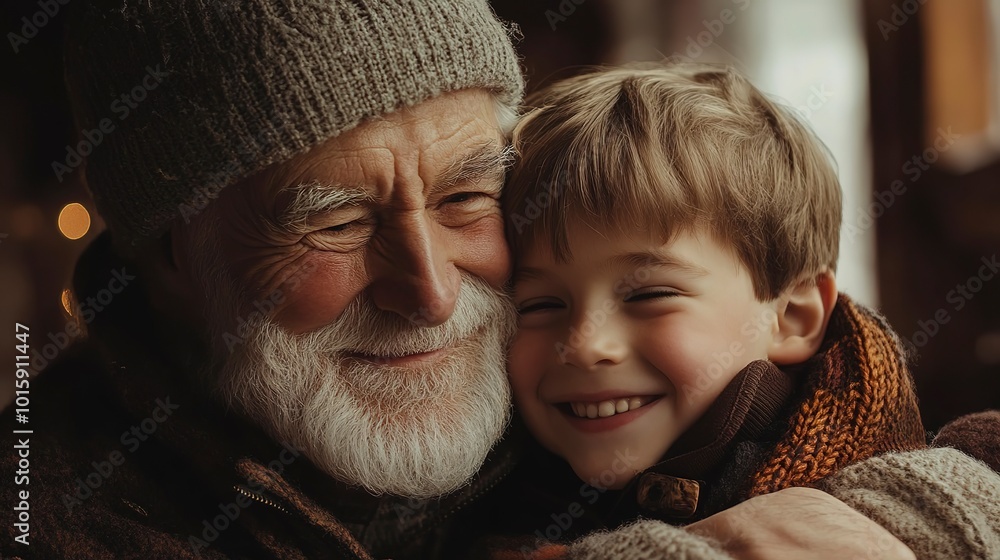 Sticker Generations smiling, portrait of European grandfather and grandson hugging each other  