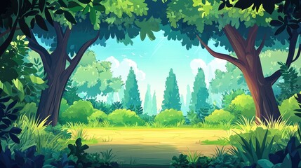 Obraz premium Lush Green Forest Path with Trees and Sunlight