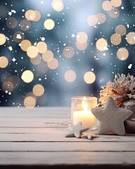 Winter cozy background with festive decor Christmas details snow on a wooden table and bokeh