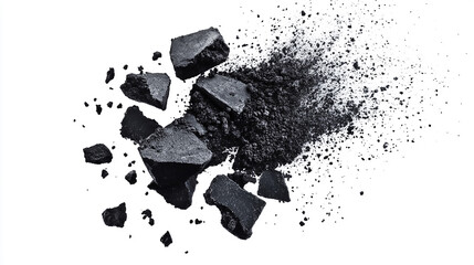 Black powder particles and pieces of charcoal Chalk Explosion on White Background
