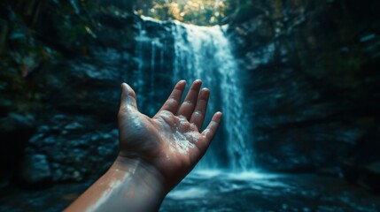 Fototapeta premium A hand outstretched towards a cascading waterfall in a lush green forest.