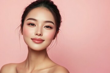 Naklejka premium An Asian woman poses with impeccable skin against a pastel pink backdrop, reflecting skincare excellence and elegance in a commercial context.