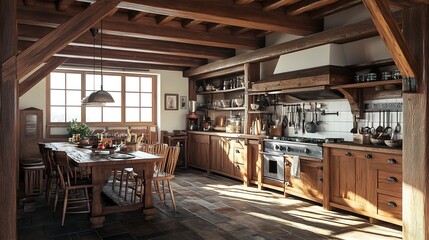 Fototapeta premium Cozy rustic kitchen featuring wooden beams, cabinets, and a large dining table. 