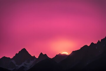Obraz premium Mountain peaks in silhouette with a vibrant pink and golden sun setting behind, AI Generated