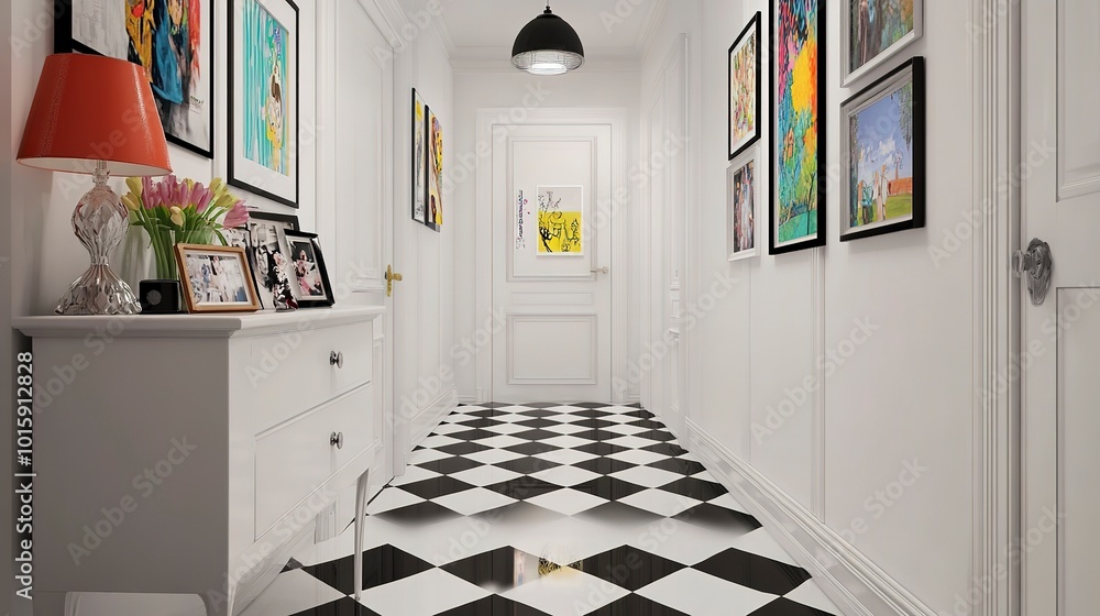 Poster Cozy hallway with black and white checkered tile floor, a white cabinet with family photos and a small table lamp, complemented by colorful artwork on the walls  