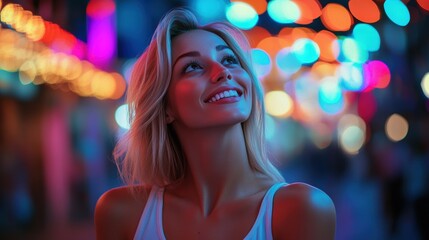 Fototapeta premium A joyful young blonde woman smiles brightly at a night festival, surrounded by vibrant, colorful bokeh lights. Her carefree expression captures the lively energy of the urban event.