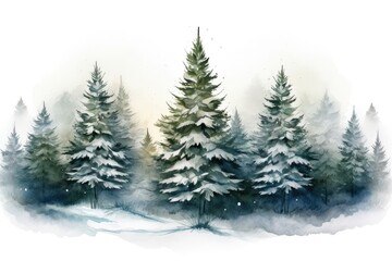 Obraz premium Winter watercolor illustration with fir trees on white background