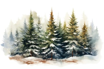 Obraz premium Winter watercolor illustration with fir trees on white background