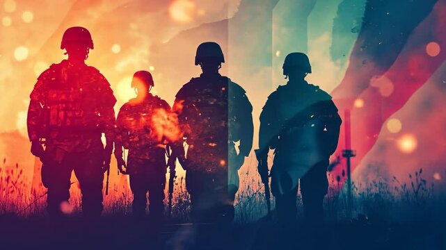 Four soldiers stand in silhouette against a colorful, abstract background, possibly representing the aftermath of battle