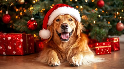 Cheerful dog golden retriever in Santa Claus hat near Christmas tree at home. Preparing for Christmas holidays  